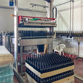 Weinflaschen in der Produktion