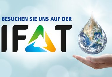 Logo der IFAT 2022 mit Hand, die Wassertropfen hält