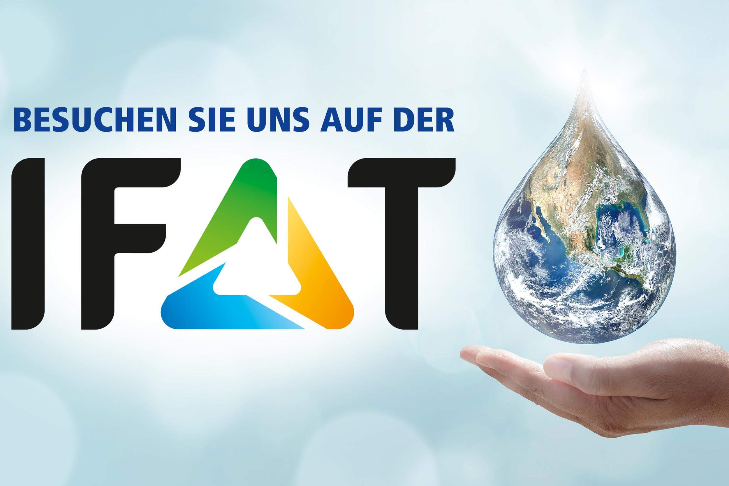 Logo der IFAT 2022 mit Hand, die Wassertropfen hält