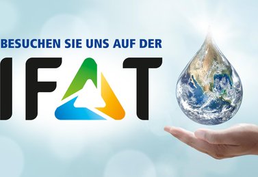 Logo der IFAT 2022 mit Hand, die Wassertropfen hält