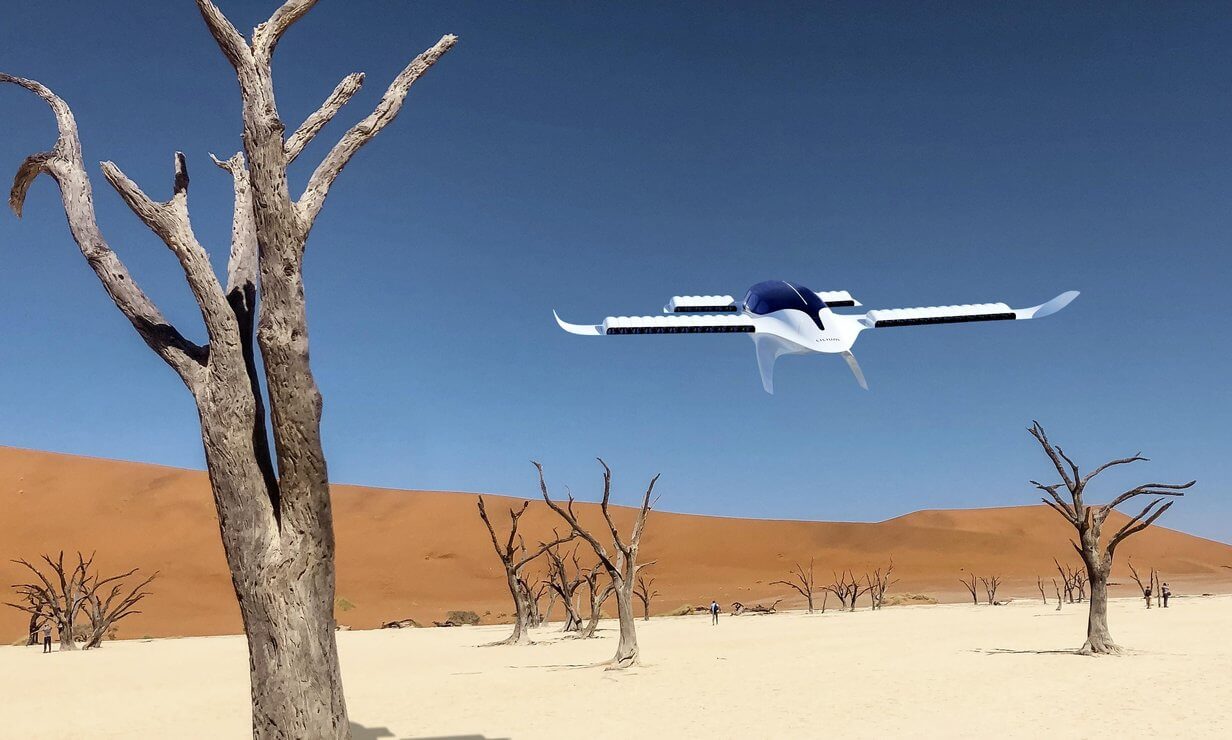 Flugtaxi vom Hersteller Lilium in der Wüste